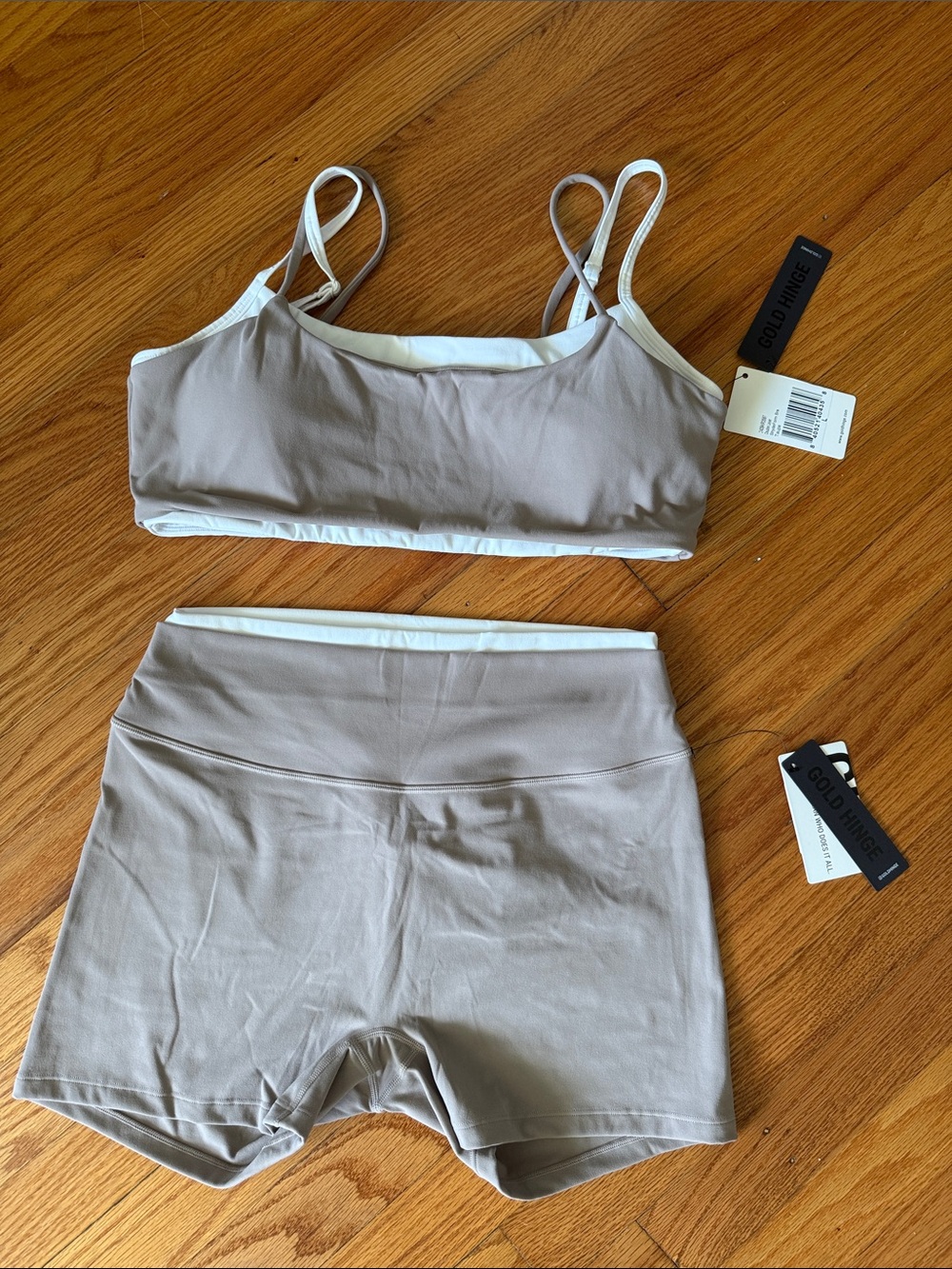 Gold Hinge Taupe Athletic Shorts - High-Waist & Sport Bra Set